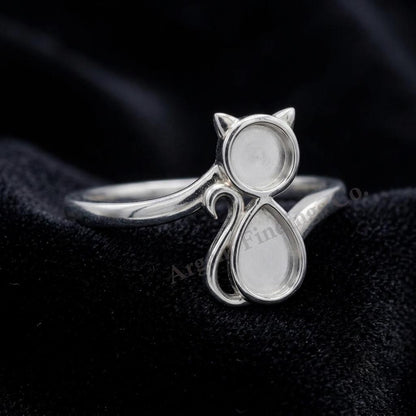 925 Sterling Solid Silver Cat Shape Blank Bezel Ring, Good for Resin & Ashes Work, Cat Cremation, Animal Pet Loss Ring,Keepsake Memorial DIY