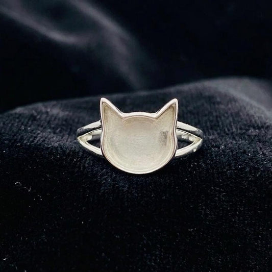 925 Sterling Silver 12mm Cat Face Blank Bezel Ring, Good for Resin & Ashes Work, Cat Cremation, Animal Pet Loss Ring, Keepsake Memorial DIY