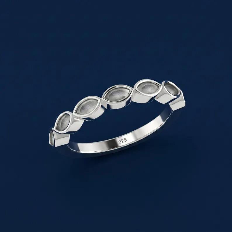 925 Sterling Silver 2x4mm Marquise Blank Bezel Half Eternity Band Ring, Good for Resin & Ashes Work, Breastmilk/Keepsake DIY, Crafts Supply