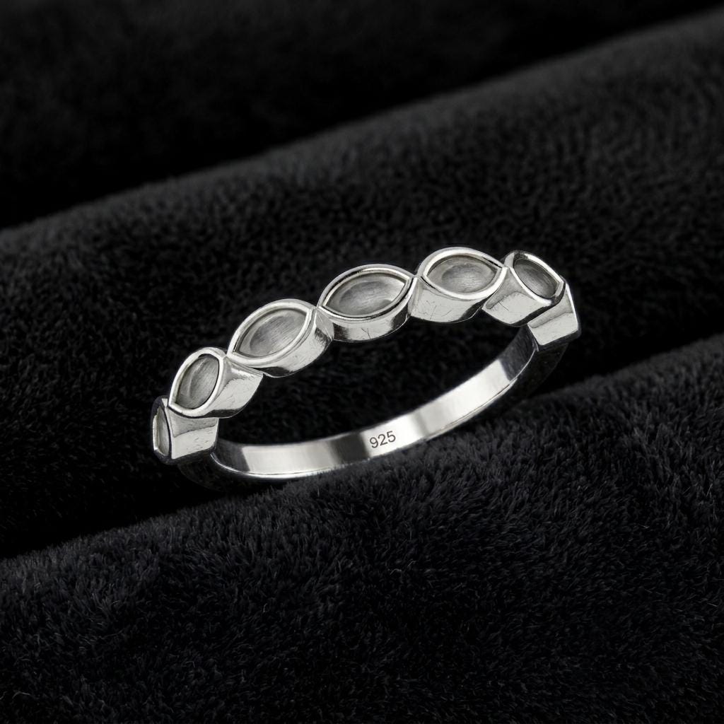 925 Sterling Silver 2x4mm Marquise Blank Bezel Half Eternity Band Ring, Good for Resin & Ashes Work, Breastmilk/Keepsake DIY, Crafts Supply