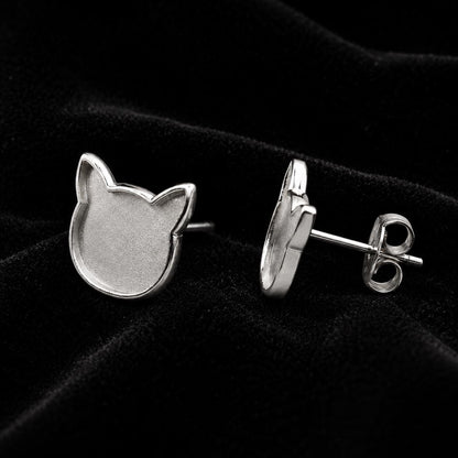 925 sterling silver cat head 12mm blank bezel stud earrings, breastmilk/Keepsake, good for resin & ashes work, memorial cat face, pet lover