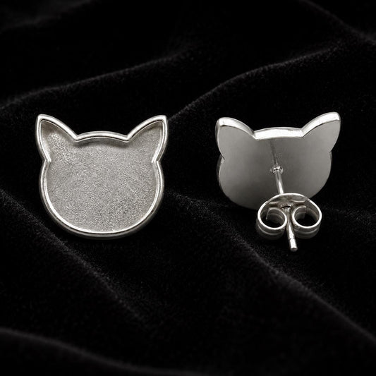 925 sterling silver cat head 12mm blank bezel stud earrings, breastmilk/Keepsake, good for resin & ashes work, memorial cat face, pet lover