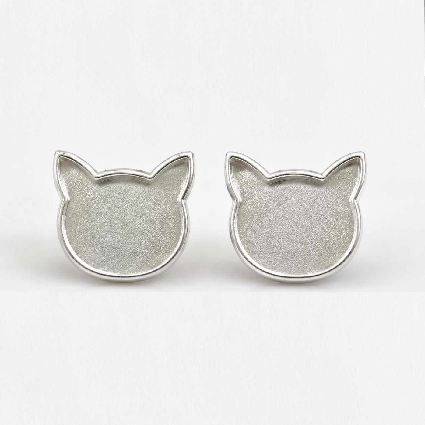 925 sterling silver cat head 12mm blank bezel stud earrings, breastmilk/Keepsake, good for resin & ashes work, memorial cat face, pet lover