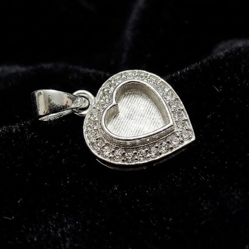 Heart Shape Blank Bezel Pendant with Zircon Setted, 925 Sterling Silver Pendant, Good for Resin & Ashes Work, Memorial Jewelry Crafts