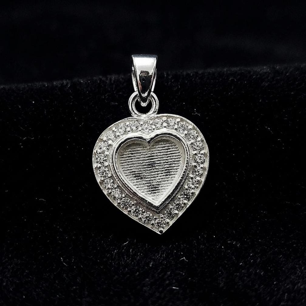 Heart Shape Blank Bezel Pendant with Zircon Setted, 925 Sterling Silver Pendant, Good for Resin & Ashes Work, Memorial Jewelry Crafts