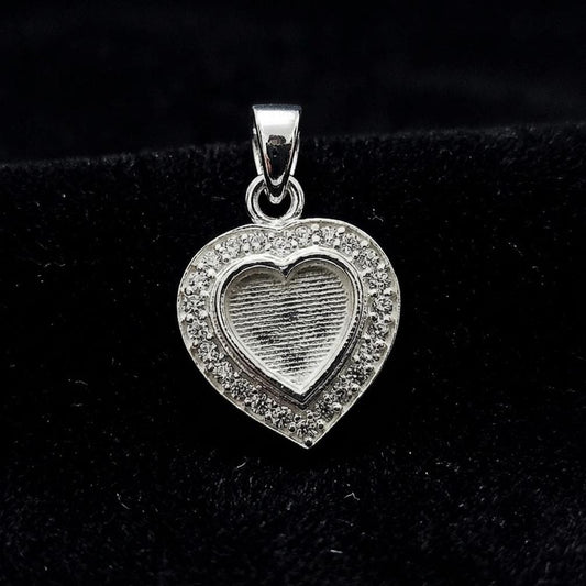 Heart Shape Blank Bezel Pendant with Zircon Setted, 925 Sterling Silver Pendant, Good for Resin & Ashes Work, Memorial Jewelry Crafts