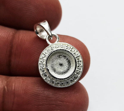 Round Shape Blank Bezel Pendant Surrounded with Zircon, 925 Sterling Silver Pendant, Good for Resin & Ashes Work, Keepsake Jewellery Crafts
