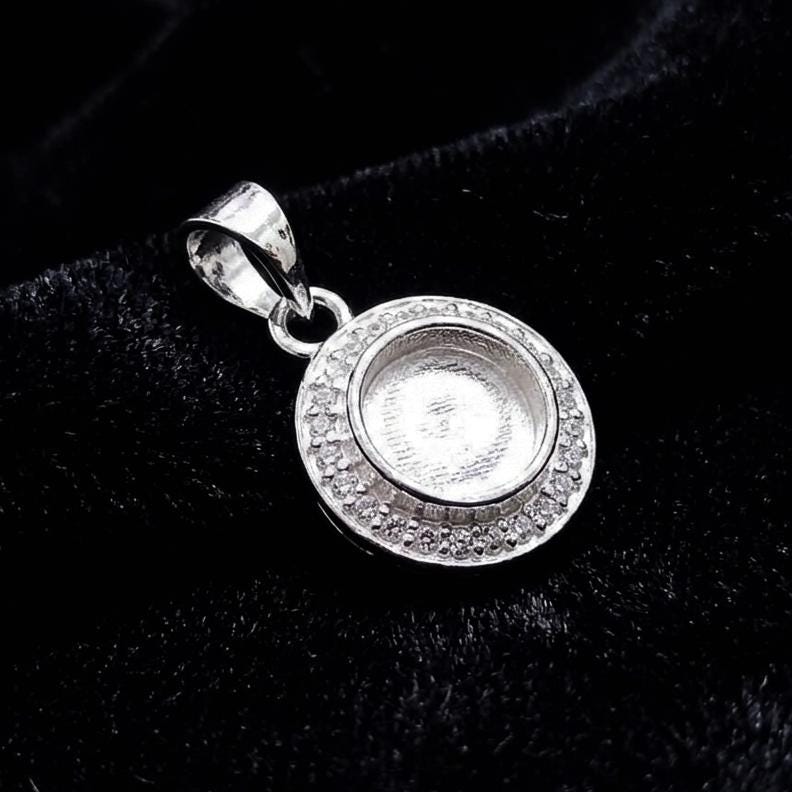 Round Shape Blank Bezel Pendant Surrounded with Zircon, 925 Sterling Silver Pendant, Good for Resin & Ashes Work, Keepsake Jewellery Crafts