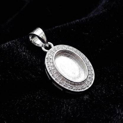 Oval Shape 8x10mm Blank Bezel Pendant Surrounded with CZ, 925 Sterling Silver Pendant, Good for Resin & Ashes Work, Keepsake Jewelry Crafts