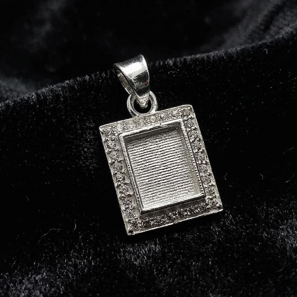 Rectangle Shape 8x10mm Blank Bezel Pendant with CZ Setted, 925 Sterling Silver Pendant, Good for Resin & Ashes Work, Keepsake Jewelry Crafts