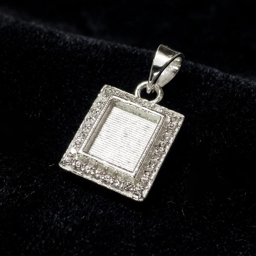 Rectangle Shape 8x10mm Blank Bezel Pendant with CZ Setted, 925 Sterling Silver Pendant, Good for Resin & Ashes Work, Keepsake Jewelry Crafts