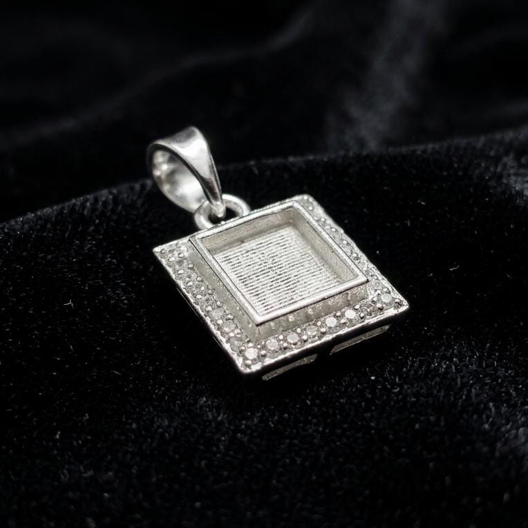 Rectangle Shape 8x10mm Blank Bezel Pendant with CZ Setted, 925 Sterling Silver Pendant, Good for Resin & Ashes Work, Keepsake Jewelry Crafts