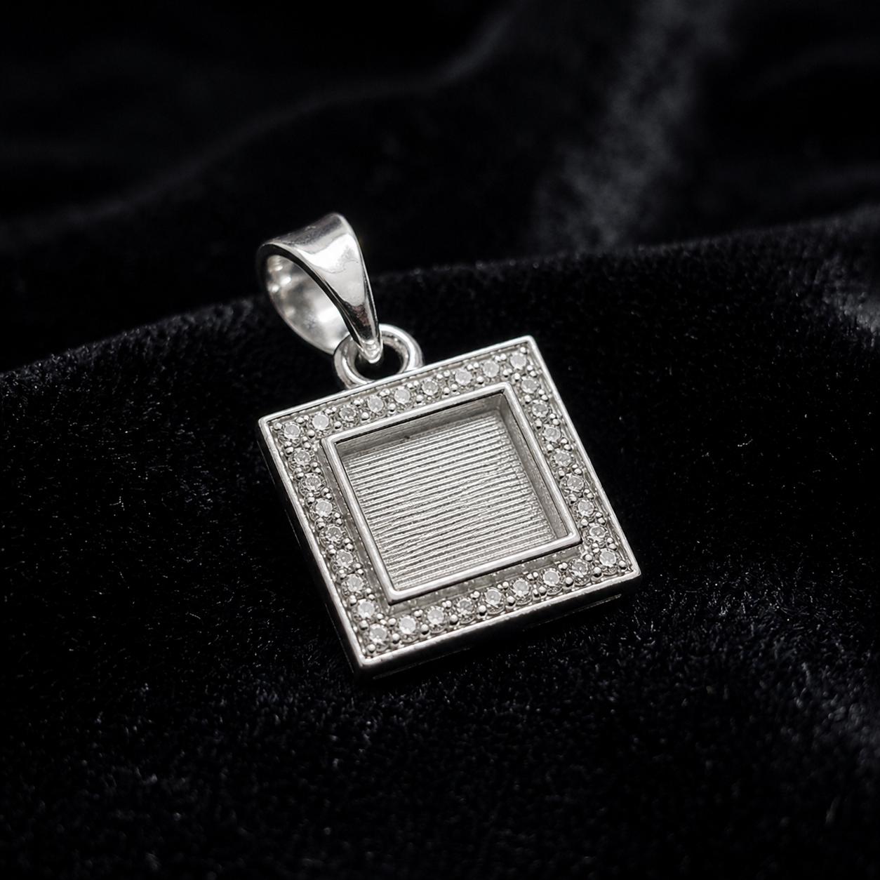 Square Shape Blank Bezel Pendant Surrounded with Zircon, 925 Sterling Silver Pendant, Good for Resin & Ashes Work, Keepsake Jewellery Crafts