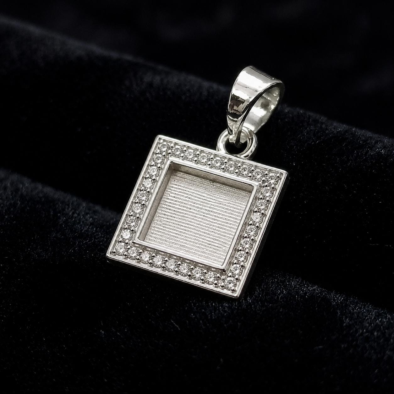 Square Shape Blank Bezel Pendant Surrounded with Zircon, 925 Sterling Silver Pendant, Good for Resin & Ashes Work, Keepsake Jewellery Crafts