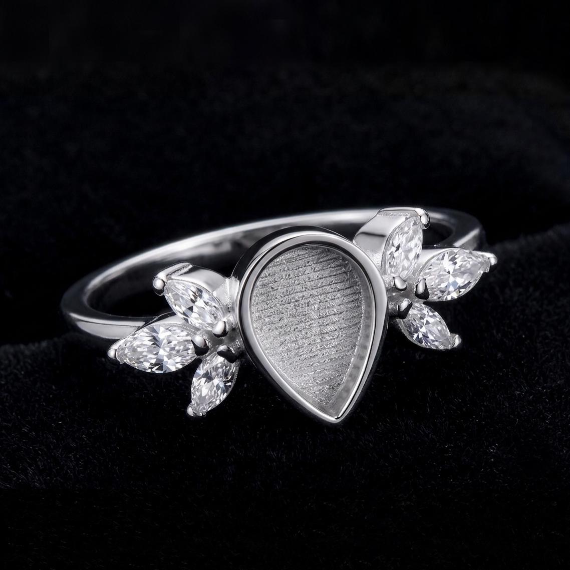 925 Sterling Solid Silver 8x6mm Pear Shape Blank Bezel with Tiny Marquise CZ Ring, Good for Resin & Ashes Work, Keepsake/Breastmilk DIY