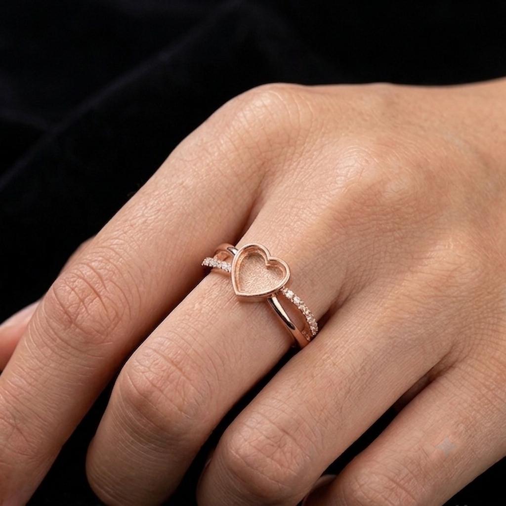 Heart Rose Gold Ring, 6x6mm Blank and Zircon Setted Ring, 925 Sterling Silver Designer Ring, Resin & Ashes Work, Breastmilk/Keepsake DIY