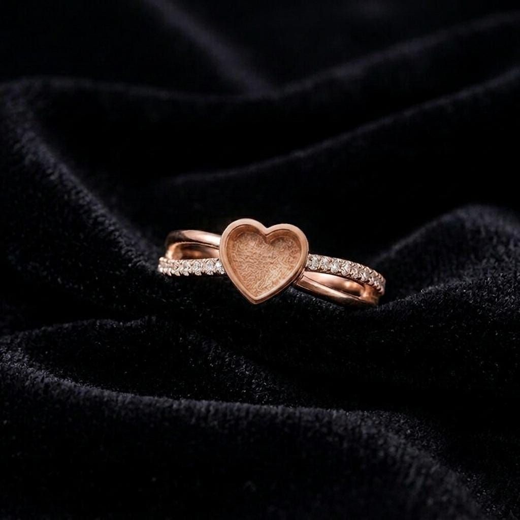 Heart Rose Gold Ring, 6x6mm Blank and Zircon Setted Ring, 925 Sterling Silver Designer Ring, Resin & Ashes Work, Breastmilk/Keepsake DIY