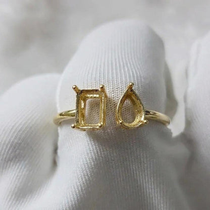 925 Sterling Silver 7x5mm Emerald & Pear shape 4 prongs Pre Notched Setting, Toe Et Moi, Semi Mount Engagement Ring, Adjustable Promise Ring