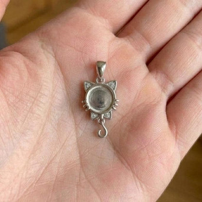 925 Sterling Silver Cat Face 12mm Blank Bezel CZ Pendant Setting, Breastmilk/Keepsake, Good for Resin & Ashes Work, Memorial Cat Pet Lover