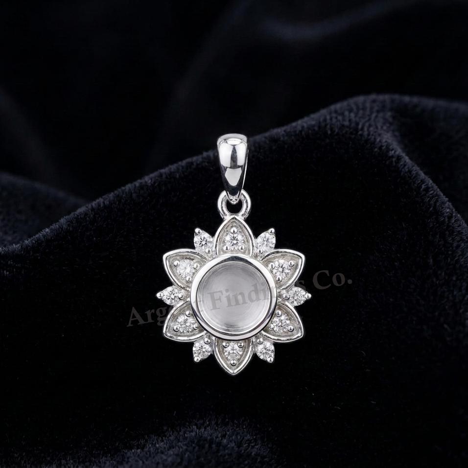 925 Sterling Silver Flower Design Round 6mm Blank Bezel CZ Set Pendant, Breastmilk/Keepsake, Good for Resin & Ashes Work, Memorial DIY Craft