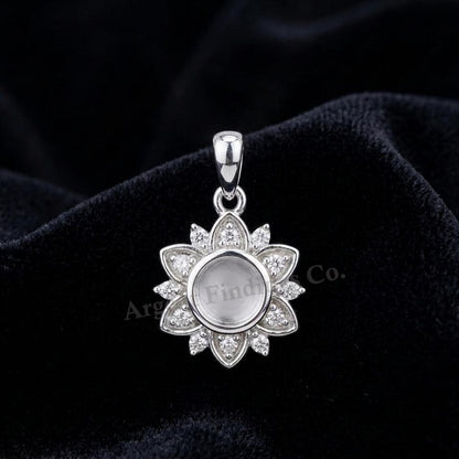 925 Sterling Silver Flower Design Round 6mm Blank Bezel CZ Set Pendant, Breastmilk/Keepsake, Good for Resin & Ashes Work, Memorial DIY Craft