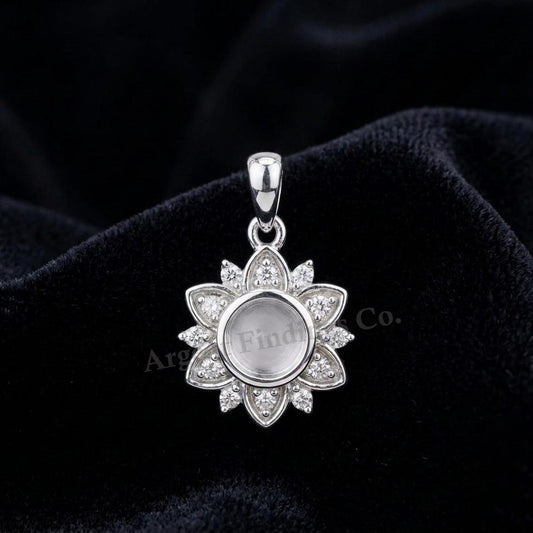 925 Sterling Silver Flower Design Round 6mm Blank Bezel CZ Set Pendant, Breastmilk/Keepsake, Good for Resin & Ashes Work, Memorial DIY Craft