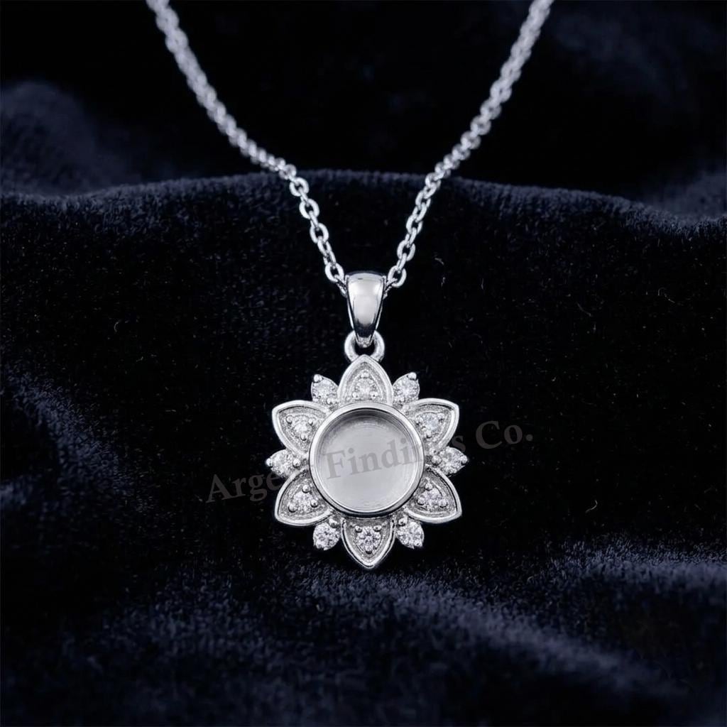 925 Sterling Silver Flower Design Round 6mm Blank Bezel CZ Set Pendant, Breastmilk/Keepsake, Good for Resin & Ashes Work, Memorial DIY Craft