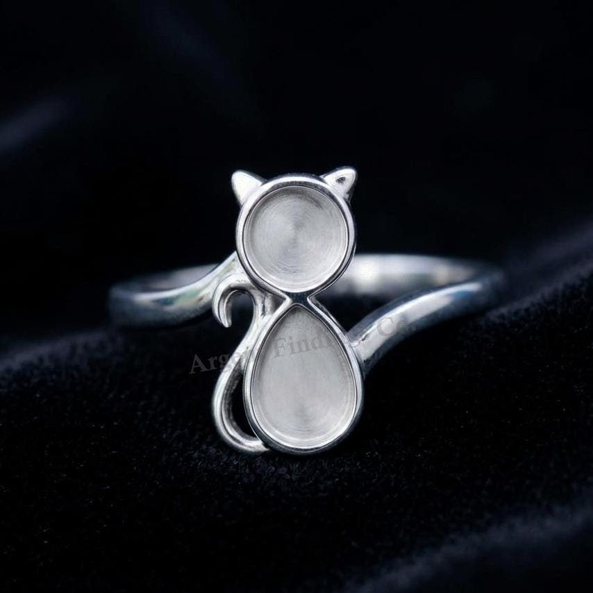 925 Sterling Solid Silver Cat Shape Blank Bezel Ring, Good for Resin & Ashes Work, Cat Cremation, Animal Pet Loss Ring,Keepsake Memorial DIY
