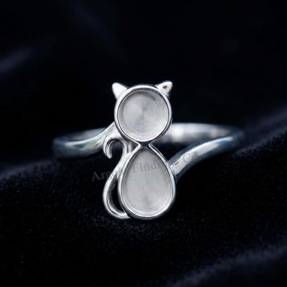 925 Sterling Solid Silver Cat Shape Blank Bezel Ring, Good for Resin & Ashes Work, Cat Cremation, Animal Pet Loss Ring,Keepsake Memorial DIY