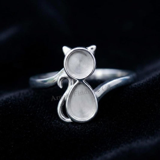 925 Sterling Solid Silver Cat Shape Blank Bezel Ring, Good for Resin & Ashes Work, Cat Cremation, Animal Pet Loss Ring,Keepsake Memorial DIY