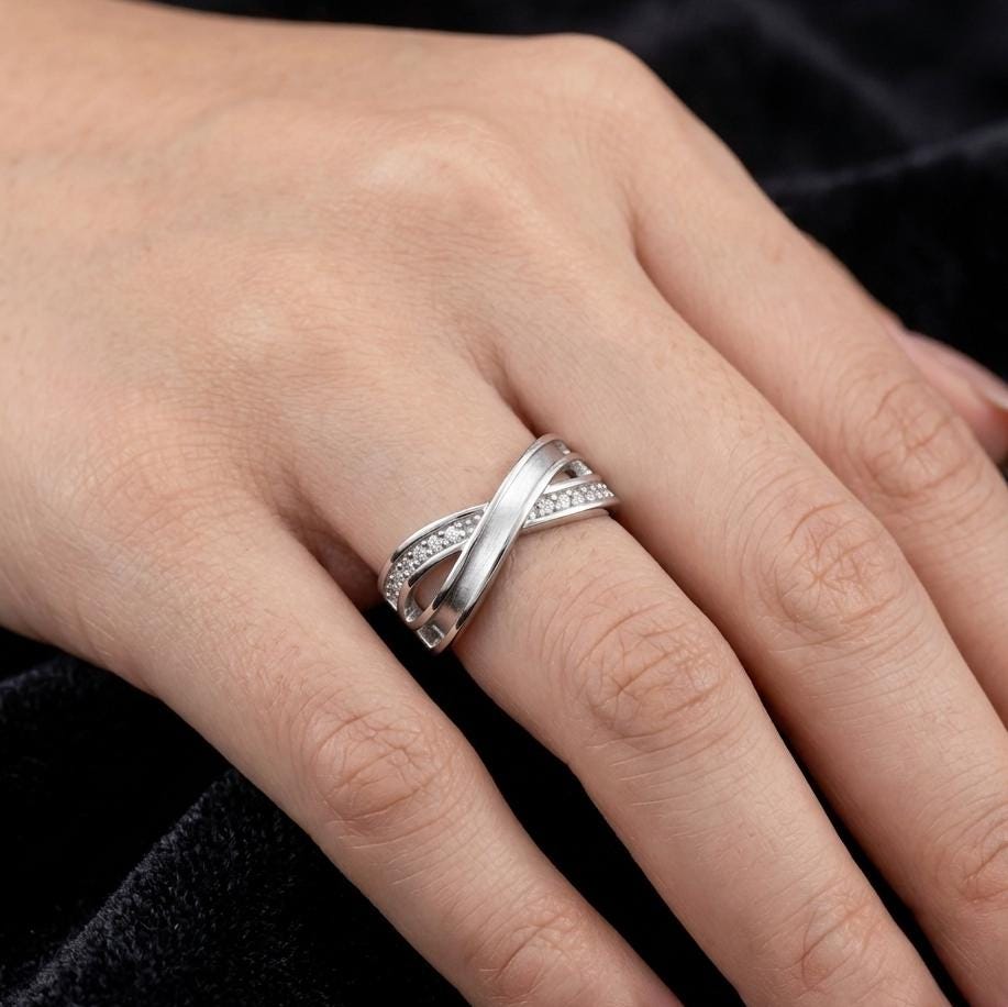 925 Sterling Solid Silver Infinity Ring with Blank Bezel and Zircon Setted, Good for Inlay Resin & Ashes Work, Keepsake Breastmilk DIY Craft