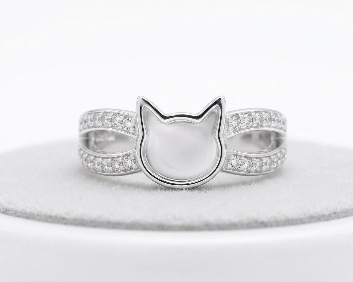 6mm Cat Face Ring with CZ On Shank, Good for Ashes work & Resin Work, 925 Sterling Silver Ring, Cat Lover Ring, Animal Ring, Good luck Ring
