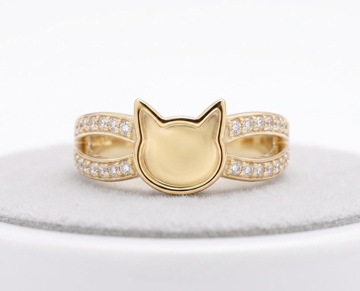 6mm Cat Face Ring with CZ On Shank, Good for Ashes work & Resin Work, 925 Sterling Silver Ring, Cat Lover Ring, Animal Ring, Good luck Ring