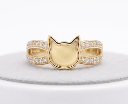 6mm Cat Face Ring with CZ On Shank, Good for Ashes work & Resin Work, 925 Sterling Silver Ring, Cat Lover Ring, Animal Ring, Good luck Ring
