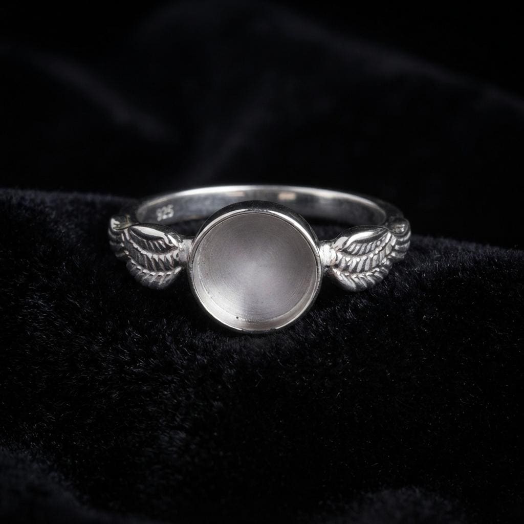 Genuine 925 Sterling Silver, 8mm Round Blank Bezel Ring, Angel Wings Ring, Good for Resin & Ashes Work, Breastmilk/Keepsake DIY,Gift for her