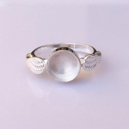Genuine 925 Sterling Silver, 8mm Round Blank Bezel Ring, Angel Wings Ring, Good for Resin & Ashes Work, Breastmilk/Keepsake DIY,Gift for her