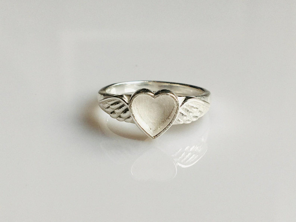 Genuine 925 Sterling Silver, 8mm Heart Blank Bezel Ring, Angel Wings Ring, Good for Resin & Ashes Work, Breastmilk/Keepsake DIY,Gift for her