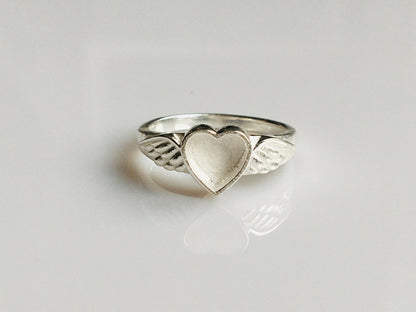 Genuine 925 Sterling Silver, 8mm Heart Blank Bezel Ring, Angel Wings Ring, Good for Resin & Ashes Work, Breastmilk/Keepsake DIY,Gift for her
