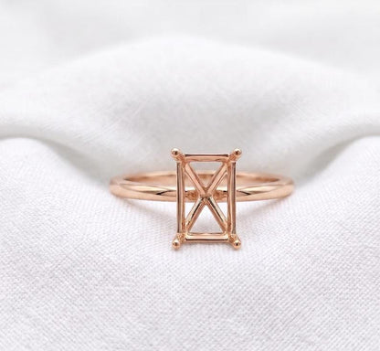 925 Sterling Silver 10x14mm Rectangle Ring Setting, 4 Prong Semi Mount Ring, Pave Band Empty Ring Base, DIY Gemstone Engagement Ring Setting