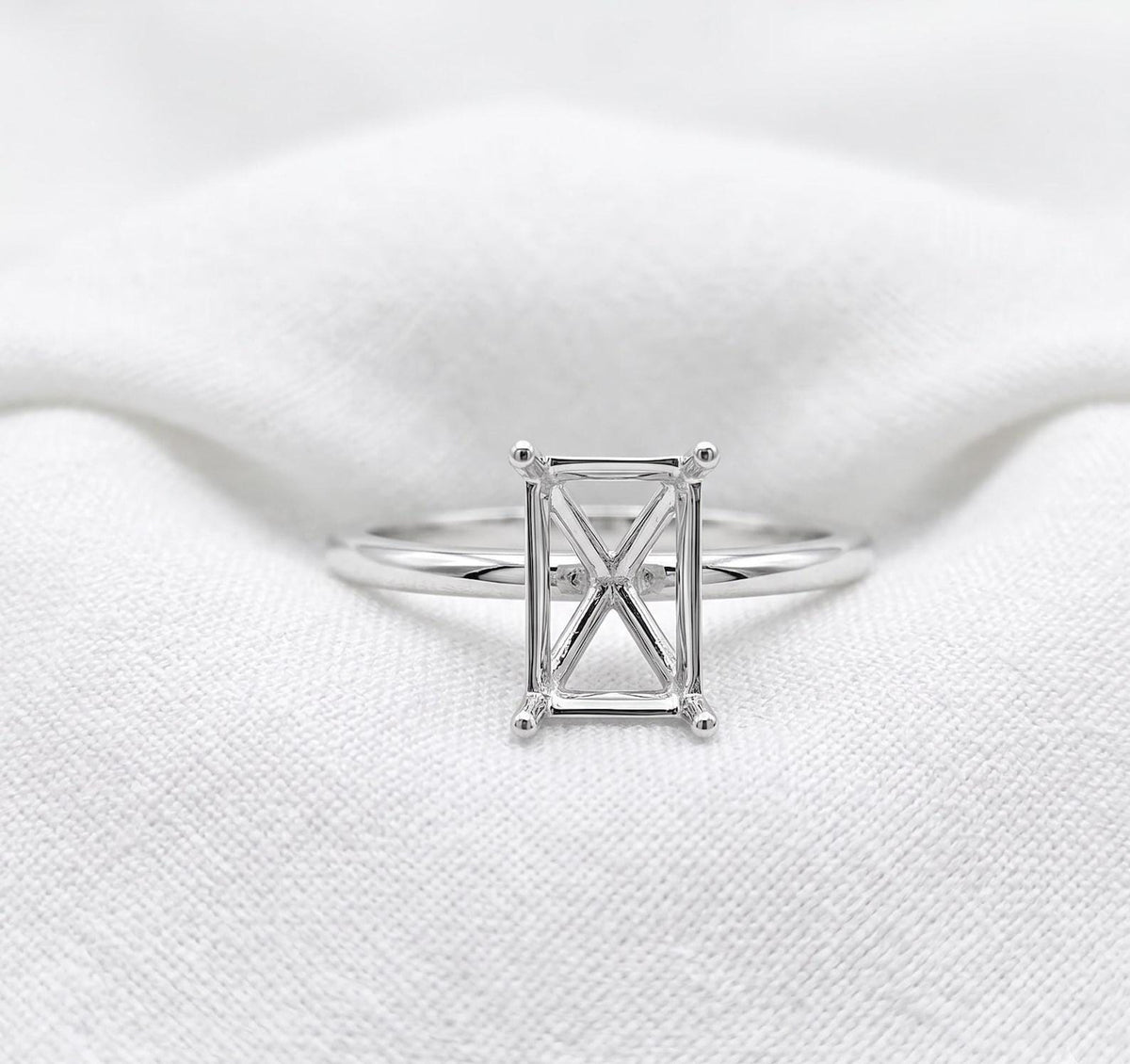 925 Sterling Silver 10x14mm Rectangle Ring Setting, 4 Prong Semi Mount Ring, Pave Band Empty Ring Base, DIY Gemstone Engagement Ring Setting