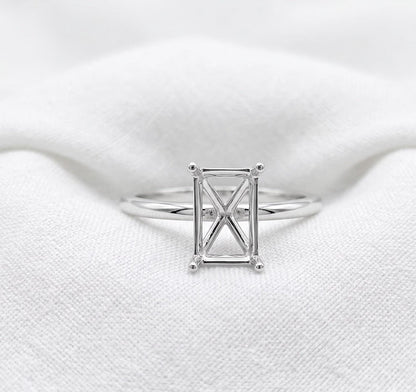 925 Sterling Silver 10x14mm Rectangle Ring Setting, 4 Prong Semi Mount Ring, Pave Band Empty Ring Base, DIY Gemstone Engagement Ring Setting