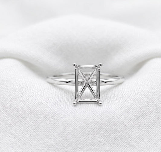 925 Sterling Silver 10x14mm Rectangle Ring Setting, 4 Prong Semi Mount Ring, Pave Band Empty Ring Base, DIY Gemstone Engagement Ring Setting
