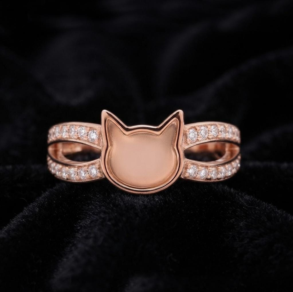 6mm Cat Face Ring with CZ On Shank, Good for Ashes work & Resin Work, 925 Sterling Silver Ring, Cat Lover Ring, Animal Ring, Good luck Ring