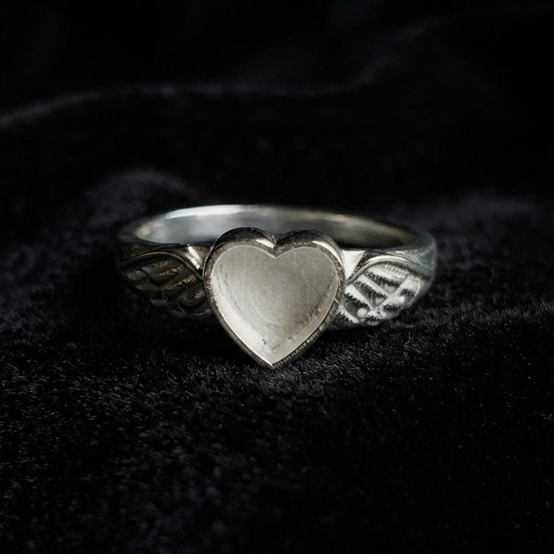 Genuine 925 Sterling Silver, 8mm Heart Blank Bezel Ring, Angel Wings Ring, Good for Resin & Ashes Work, Breastmilk/Keepsake DIY,Gift for her