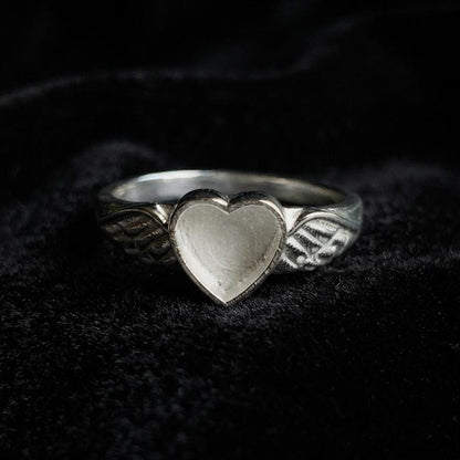 Genuine 925 Sterling Silver, 8mm Heart Blank Bezel Ring, Angel Wings Ring, Good for Resin & Ashes Work, Breastmilk/Keepsake DIY,Gift for her