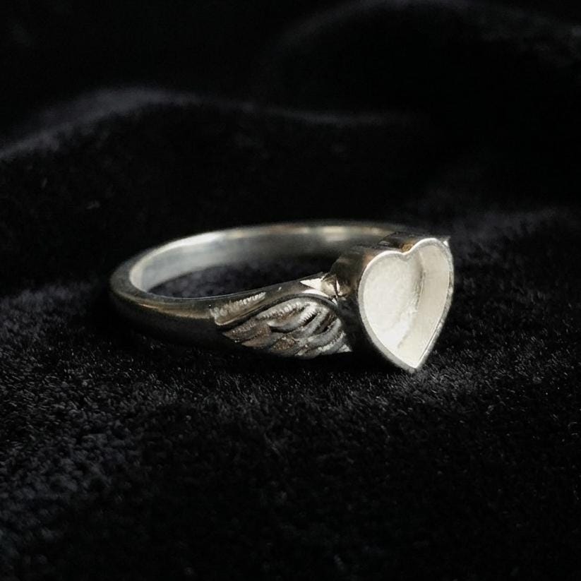 Genuine 925 Sterling Silver, 8mm Heart Blank Bezel Ring, Angel Wings Ring, Good for Resin & Ashes Work, Breastmilk/Keepsake DIY,Gift for her