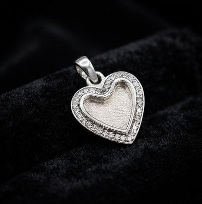 Heart Shape Blank Bezel Pendant with CZ Setted, 925 Sterling Silver Halo Pendant, Good for Resin & Ashes Work, Keepsake Memorial DIY Crafts