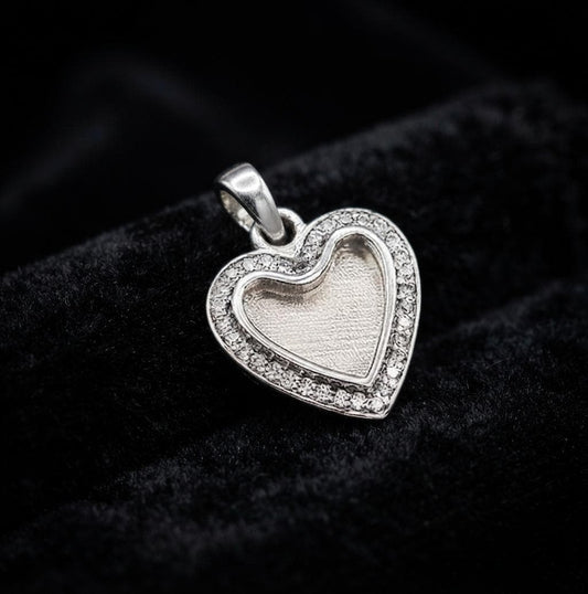 Heart Shape Blank Bezel Pendant with CZ Setted, 925 Sterling Silver Halo Pendant, Good for Resin & Ashes Work, Keepsake Memorial DIY Crafts