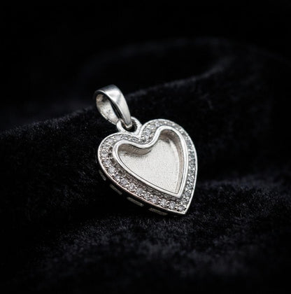 Heart Shape Blank Bezel Pendant with CZ Setted, 925 Sterling Silver Halo Pendant, Good for Resin & Ashes Work, Keepsake Memorial DIY Crafts