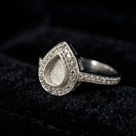 925 Sterling Solid Silver 7x5mm Pear Blank Bezel with CZ Setted Ring, Good for Resin & Ashes Work Breastmilk DIY Crafts, Keepsake Jewellery